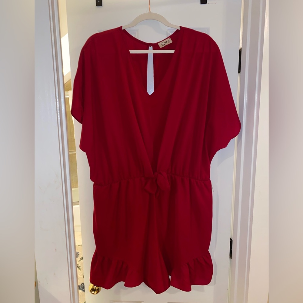Red Romper with Frill Accents & Split Back Detail